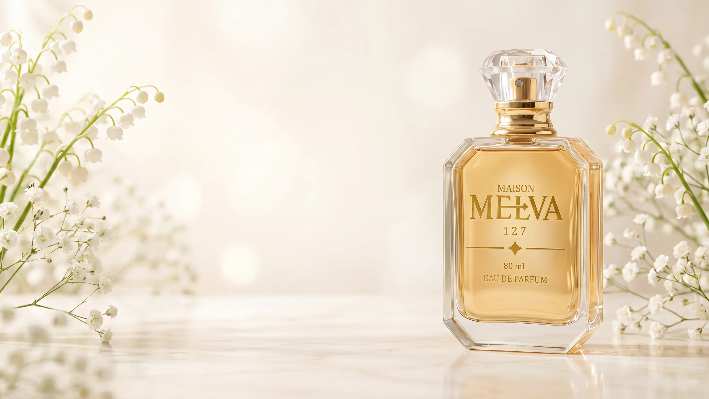 Flacon Maison Melva 127 sur un marbre crème, encadré de brins de muguet et de gypsophile