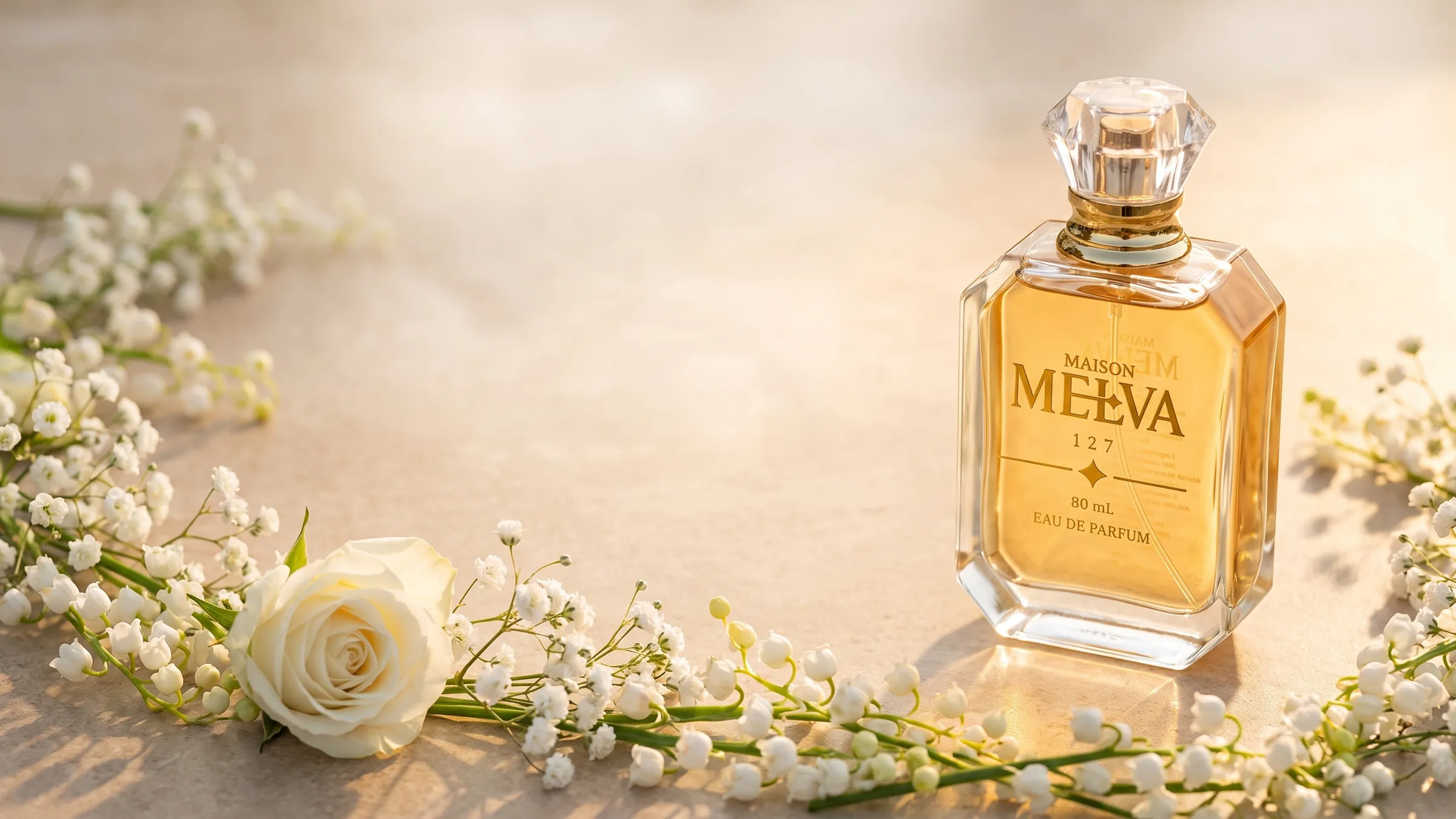 Flacon Maison Melva 127 à la lumière dorée, entouré de muguet, de gypsophile et d'une rose blanche