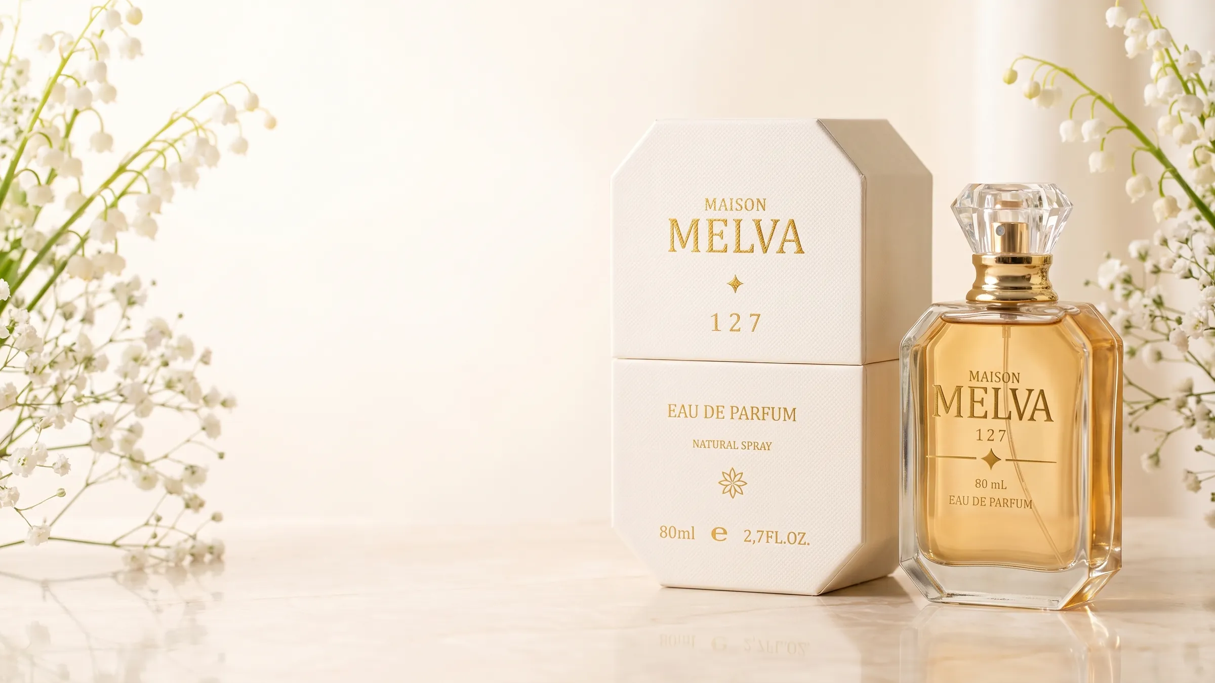Flacon et étui Maison Melva 127, eau de parfum 80 ml, posés sur un voile de soie ivoire parmi des gypsophiles