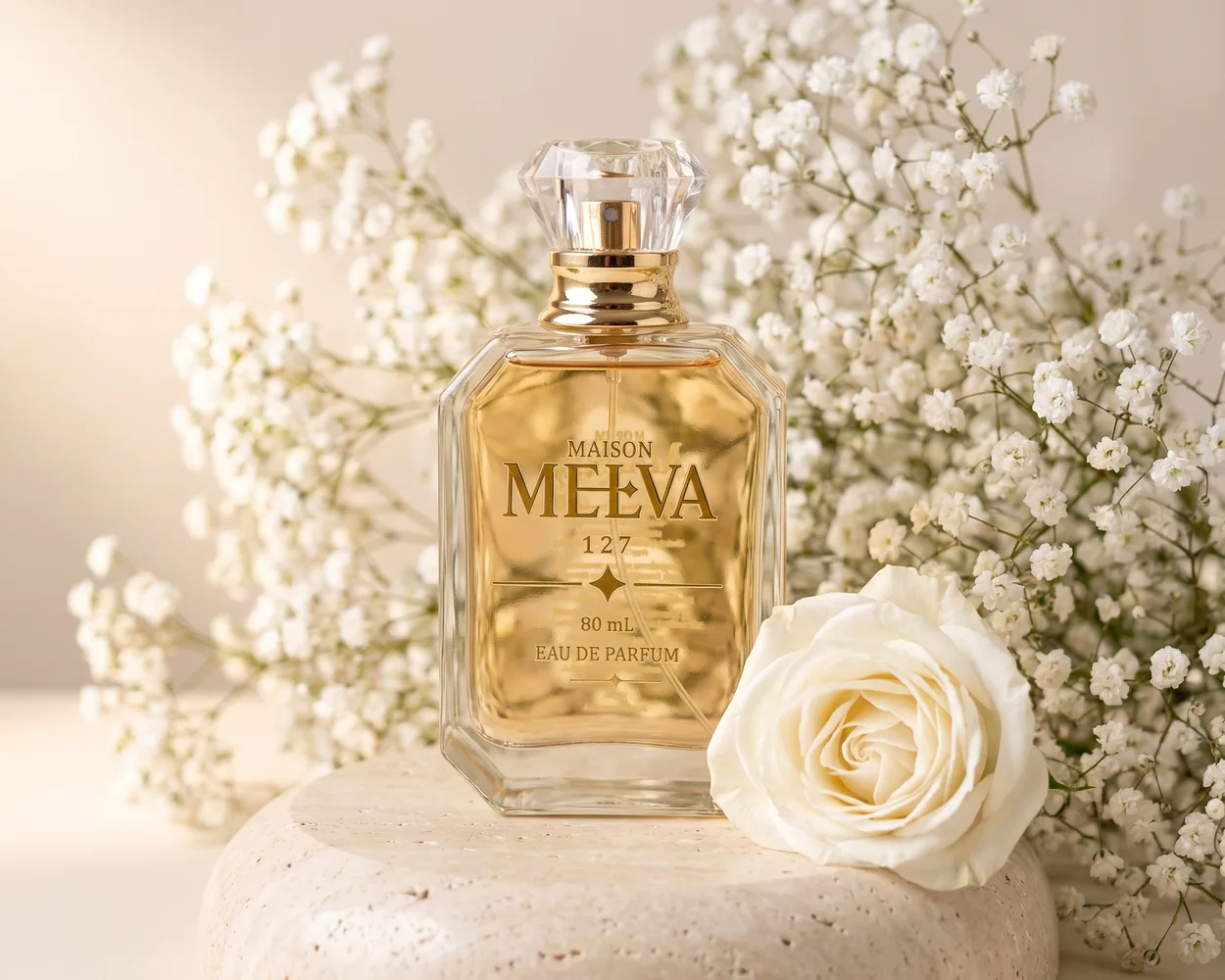 Flacon Maison Melva 127 sur un socle de travertin, dans un nuage de gypsophiles et une rose blanche