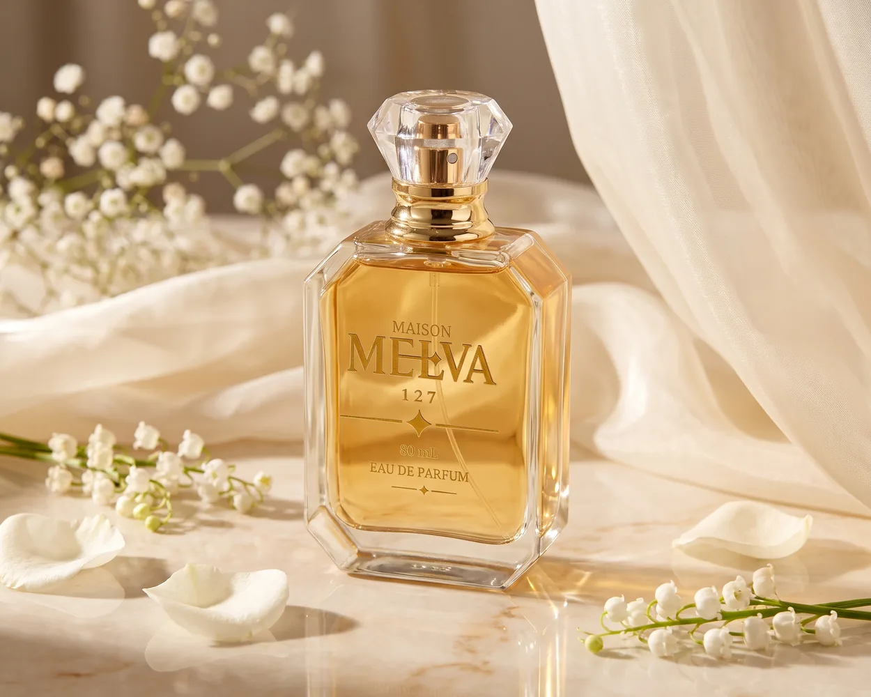 Flacon Maison Melva 127 sur un marbre crème, pétales de rose blanche et brins de muguet