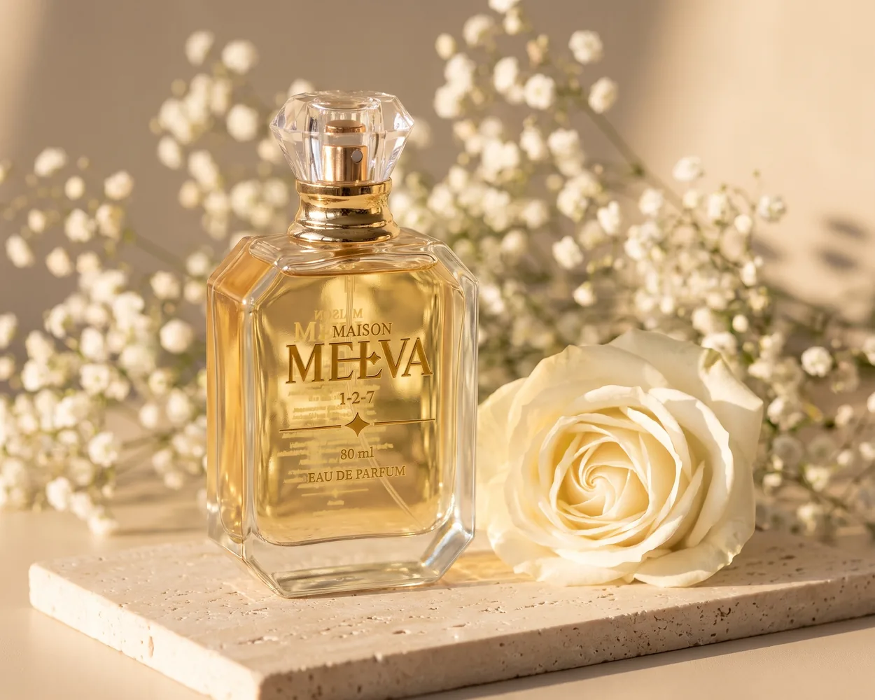 Flacon Maison Melva 127 posé sur une pierre claire, entouré d'une rose blanche et de gypsophiles