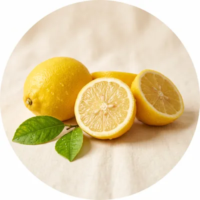 Citrons jaunes coupés en deux, zestes et feuilles