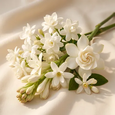 Bouquet de fleurs blanches : jasmin, tubéreuse, gardénia et fleur d'oranger