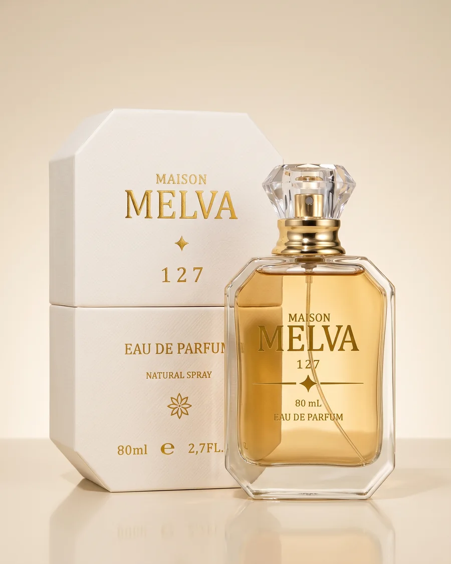 Coffret Maison Melva 127 : étui ivoire octogonal et flacon 80 ml en verre facetté